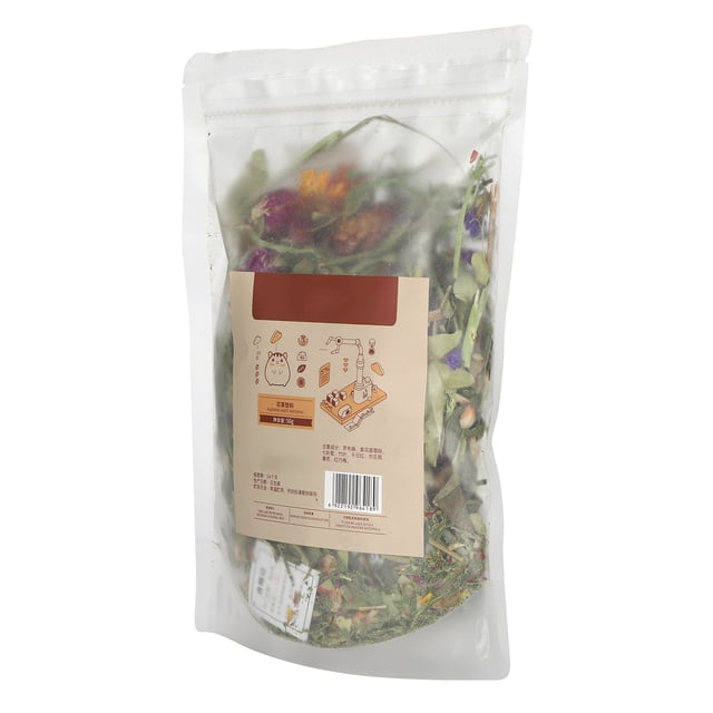 Dried Flowers Plants Padding for Hamster Nests by Ccdes, packaged in a clear resealable bag with colorful dried flowers such as apocynum, alfalfa, chrysanthemum, bamboo leaves, globe amaranth, and mint. Designed for small pets like hamsters, rabbits, chinchillas, and hedgehogs, it provides natural fragrance and odor control. The beige label on the packaging includes illustrations and product details.