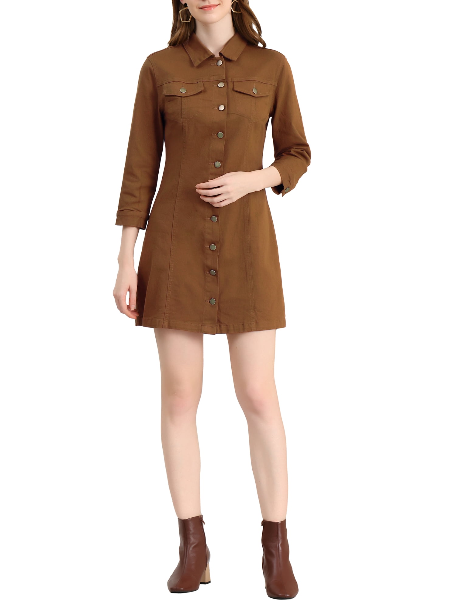 INSPIRE CHIC Robe en Denim pour Femme Rentrée des Classes Tenue d'Enseignante Manches 3/4 Boutonnée Mini Robe-Chemise en Jean S Brun