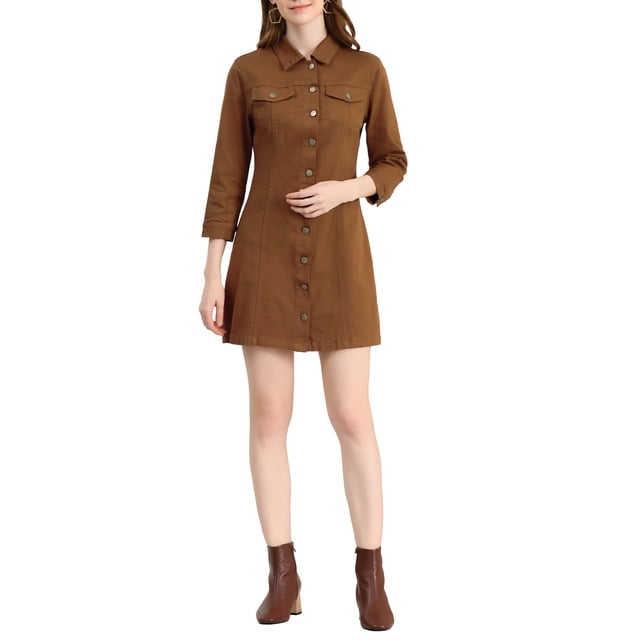 INSPIRE CHIC Robe-Chemise en Denim pour Femme à Manches 3/4, Mini Robe Chemise en Jean à Boutons, m Brun