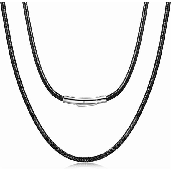 Black Braided Leather Cord Necklace for Men, 2mm Waterproof Mens Necklace with Stainless Steel Clasp, 16-28 Inch-22inches-