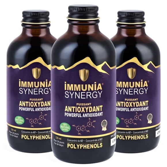 Immunia SYNERGY - Supplément de Sureau et fruits Antioxydants. Concentré de Polyphénols / SYNERGY de 67 Antioxydants. 5 Ml/jour (pendant 24 Jours). Fabriqué au Canada (3 Bouteilles)