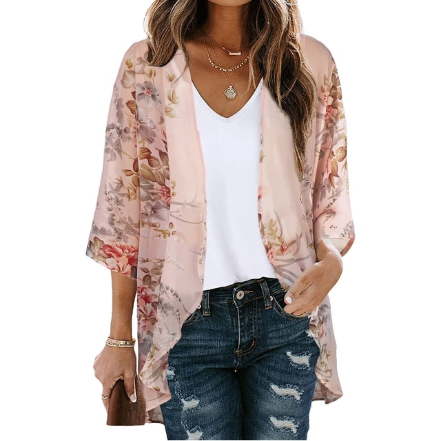 TIMIFIS Womens Floral Chiffon Kimono Cardigans Loose Beach Cover Up Half Sleeve Tops-Beige-2-MFall