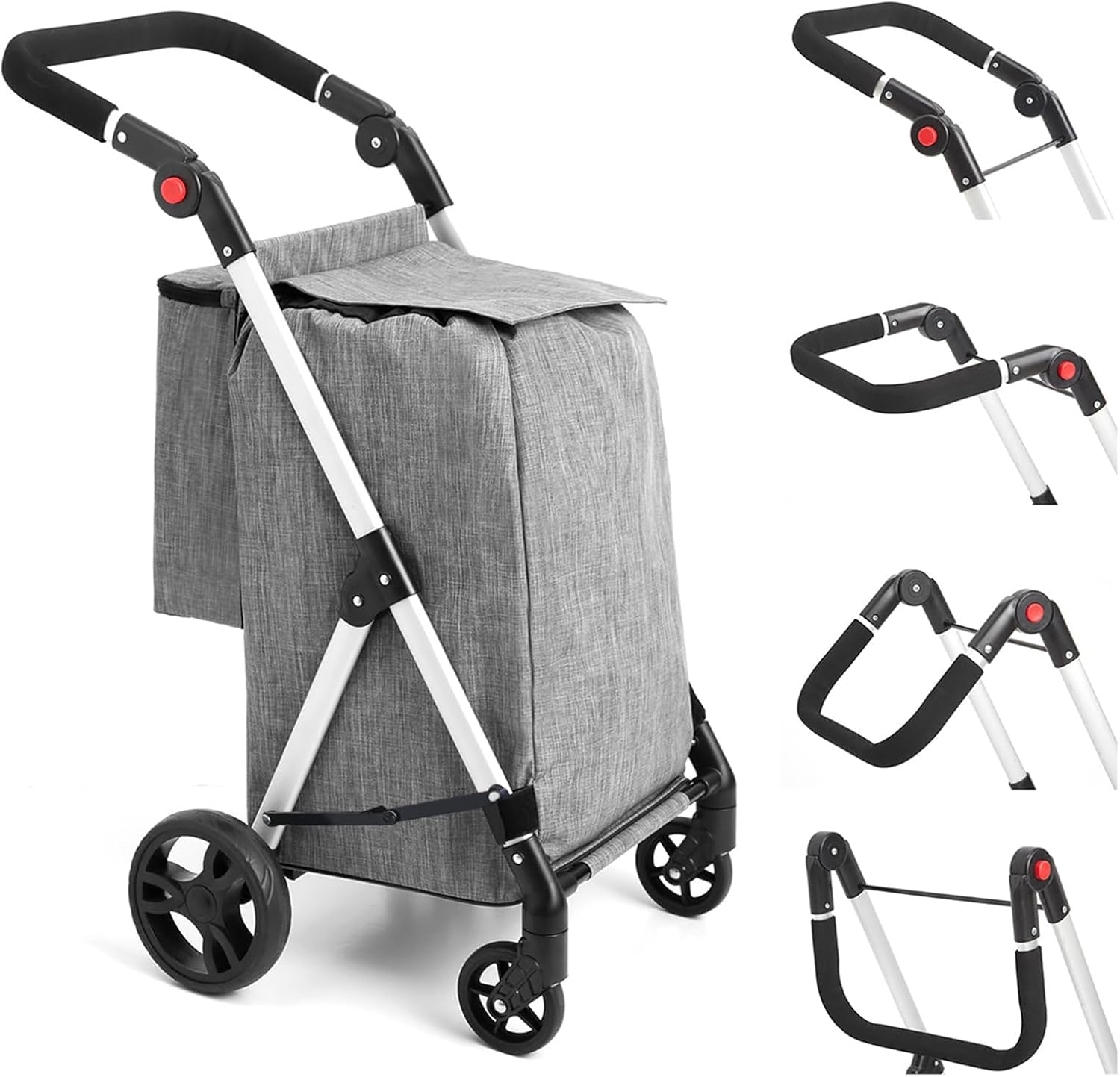 LEUYA ABC Chariot d'Épicerie, Chariot de Magasinage à 4 Roues, Chariot de Magasinage en Aluminium 46 L avec Sac Isotherme, Poignée Réglable, Chariot de Magasinage Pliant (Gris)