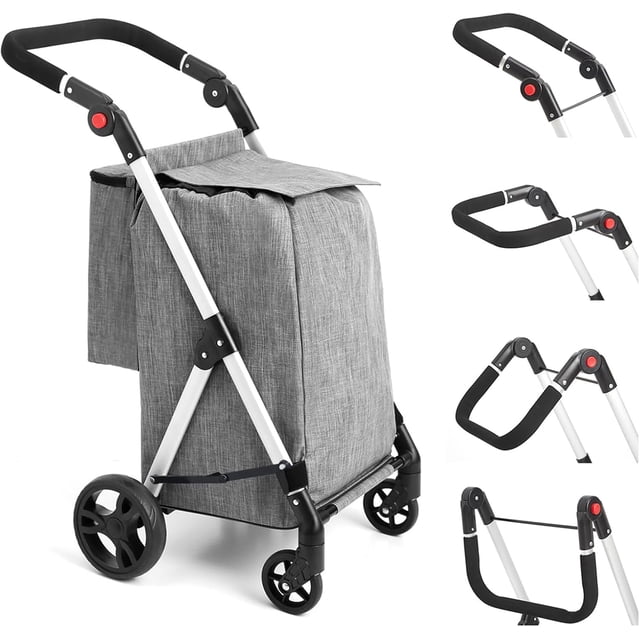 LEUYA ABC Chariot d'Épicerie, Chariot de Magasinage à 4 Roues, Chariot de Magasinage en Aluminium 46 L avec Sac Isotherme, Poignée Réglable, Chariot de Magasinage Pliant (Gris)