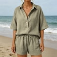 thumbnail image 3 of Cutuo Two Piece Sets for Women Summer Matching Sets, Solid Color Collared V Neck Short Sleeve Button Down Shirt Top and Drawstring Waist Shorts Casual Outfits, 3 of 9