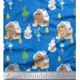 thumbnail image 1 of Soimoi Blue Rayon Crepe Fabric Snowman,House & Tree Christmas Print Fabric by Yard 46 Inch Wide, 1 of 3