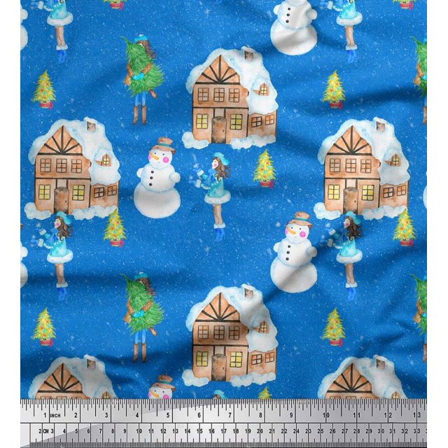 Soimoi Blue Rayon Crepe Fabric Snowman,House & Tree Christmas Print Fabric by Yard 46 Inch Wide