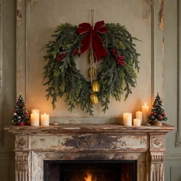 Large Artificial Christmas Wreath for Front Door, Norfolk Pine Green Wreath with Bow for Indoor Outdoor Window Wall Decor, Grapevine Base, Durable Plastic Branches, Festive Holiday Ambiance