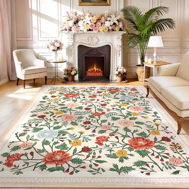 Washable Floral Area Rug - Soft Low Pile Non-Slip Carpet - Modern Farmhouse Accent - Spot Resistant, Collapsible, Child & Pet Friendly - Living Room, Bedroom, Dining Room, Nursery - Beige, 8x10ft