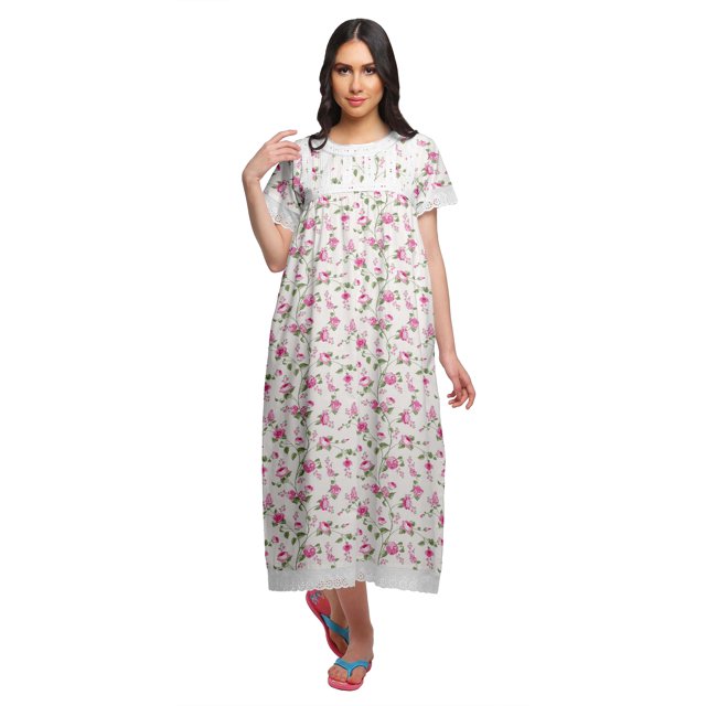 Moomaya Printed Cotton Sailor Collar Sleepwear For Ladies Button Down Nightdress