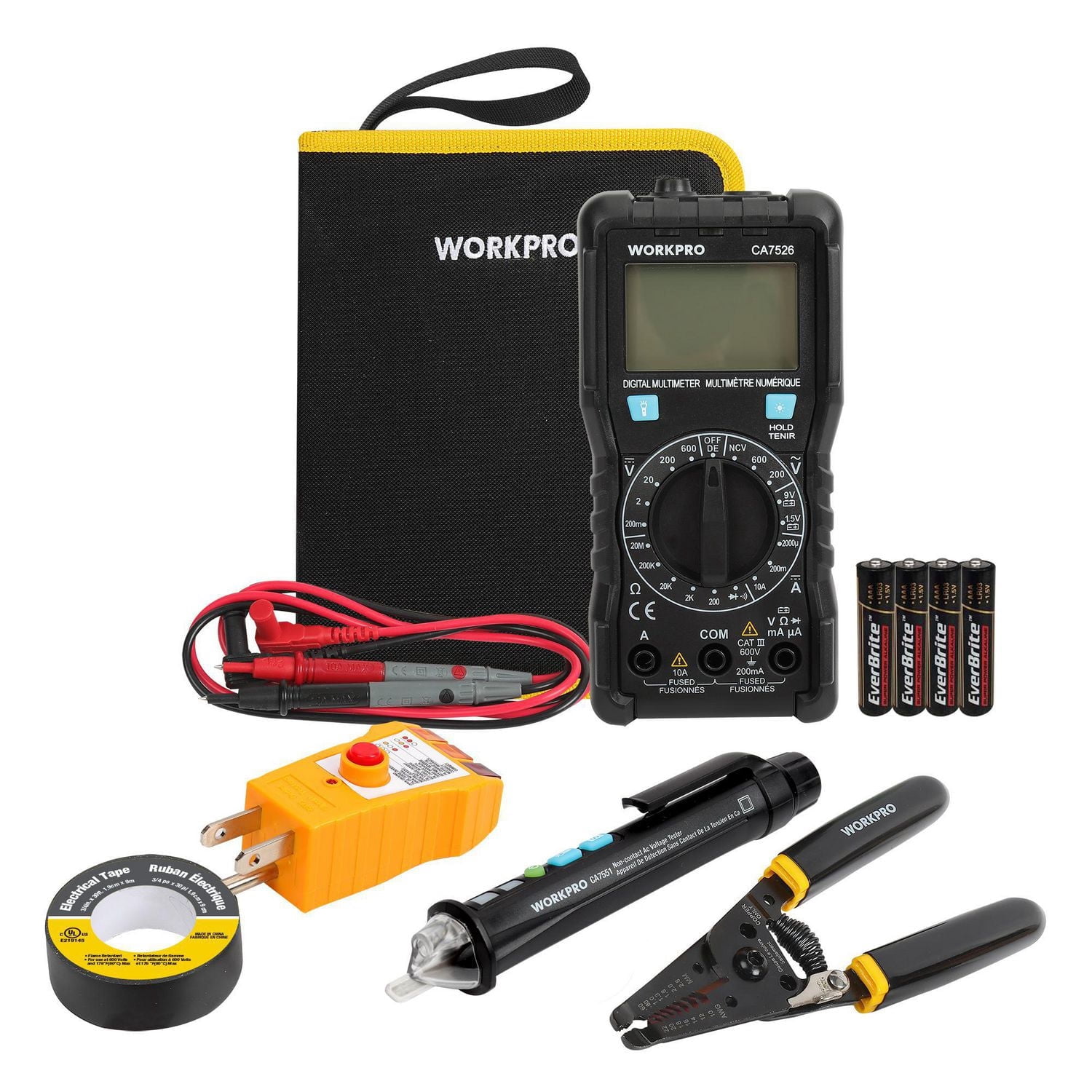 WorkPro 5 Piece Electrical Tester Kit,Digital Multimeter,NCV Detector,GFCI Receptacle Tester,Wire Stripper