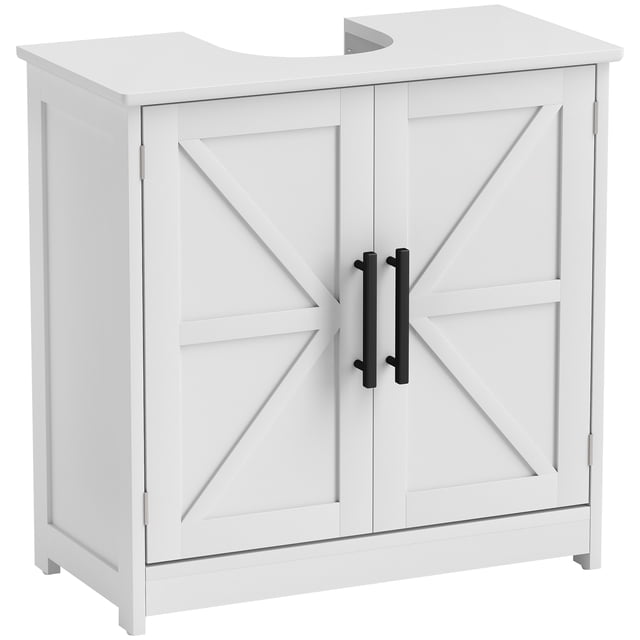 HOMCOM Armoire de Rangement pour Lavabo sur Piédestal en Blanc, au design de Style Ferme avec Portes de Grange et Poignées en Métal Noir. l'Armoire Comprend une Tablette Ajustable pour un Rangement Personnalisable et une Fente en U Pré-Découpée pour s'Adapter aux Lavabos sur Piédestal. dimensions Compactes de 23,6 Pouces de Longueur, 11,8 Pouces de Largeur et 23,6 Pouces de Hauteur, la Rendent Idéale pour les Petites Salles de Bain. Fabriquée en Matériau MDF avec une Capacité de Charge de 110 Lb.