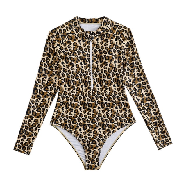 Sunnyoo Big Girls Leopard Long Sleeve Zip-Up Rash Guard One-Piece Swimsuit Bathing Suit