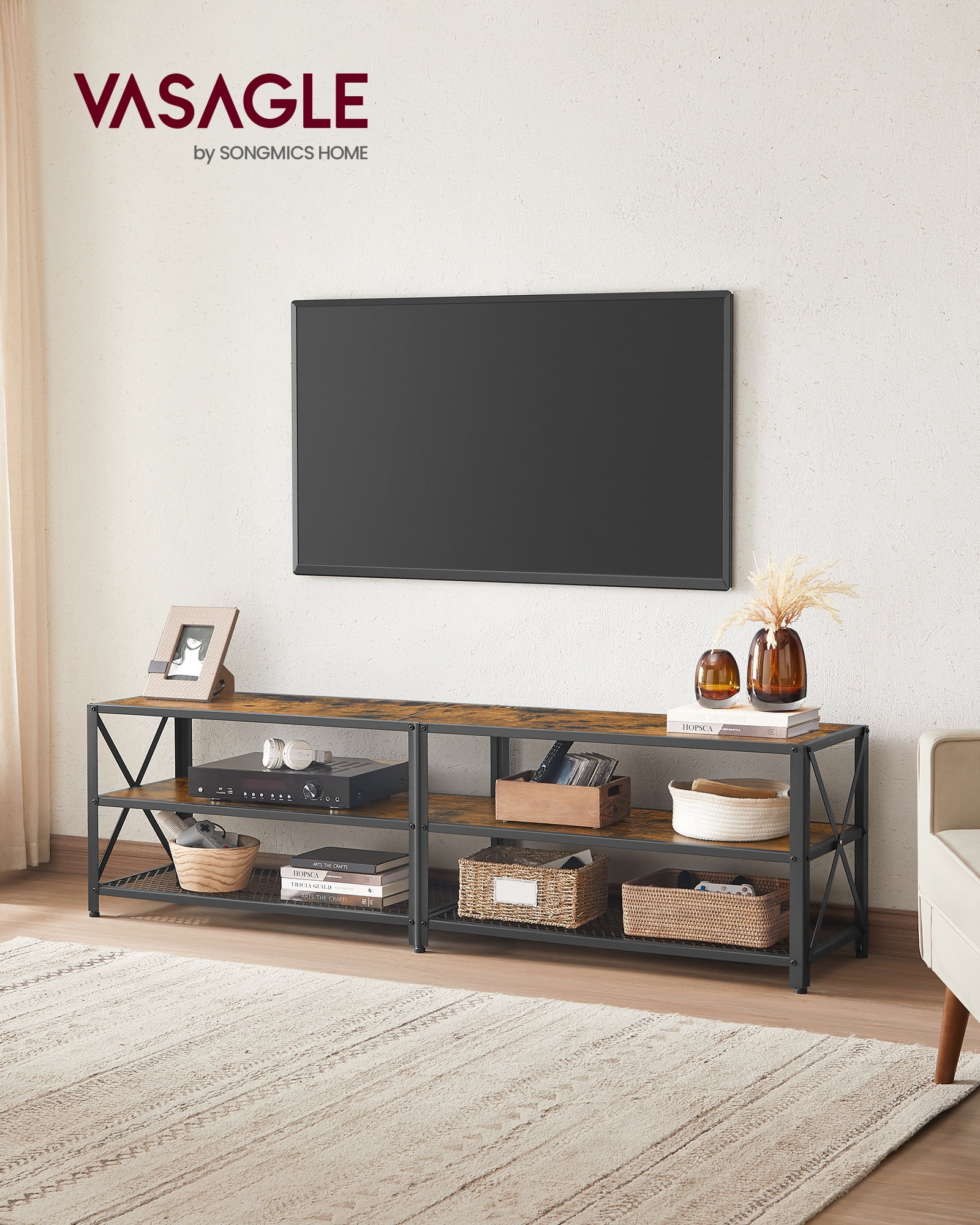 VASAGLE TV Stand for TV up to 75 Inches, TV Bench, Entertainment Center, 3-Tier TV Console, Rustic Brown and Black
