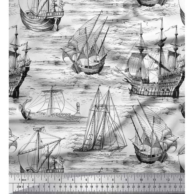 Soimoi Viscose Chiffon Fabric Waves & Ship Ocean Print Fabric by The Yard 42 Inch Wide