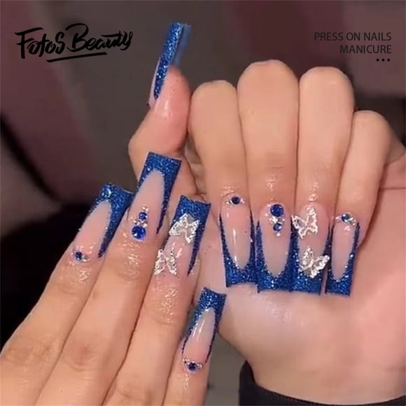 Fofosbeauty 24 Pcs Ongles Postiches Autocollants, Ongles en Acrylique pour Cadeau du Nouvel An et de la Saint-Valentin, Forme Coffin Française Tridimensionnelle Papillon Scintillant Bleu Royal