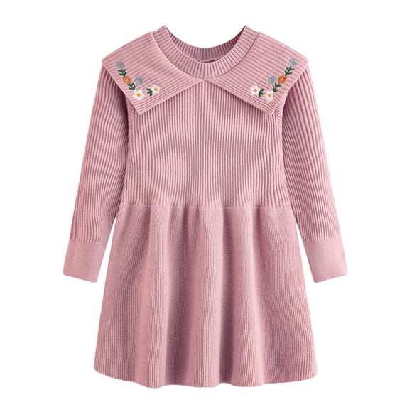 Girls Knitted Sweater Dress with Embroidered Floral Design Lapel Collar Long Sleeve Party Gown for Toddler Kids Sweaters for Young Baby Twins Clothes Girl Solid Sweater for Girls Cardigans for Babies