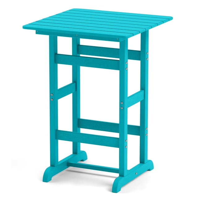 Costway Outdoor Bar Table All Weather HDPE Patio Table with Wood Grains Bistro Table Turquoise