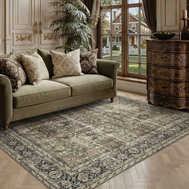 BERTHMEER 4'x6' Washable Area Rugs for Living Room Entrance Entryway Dorm Laundry Office Indoor Traditional Oriental Distressed Vintage Floral Rugs Non Slip, Brown