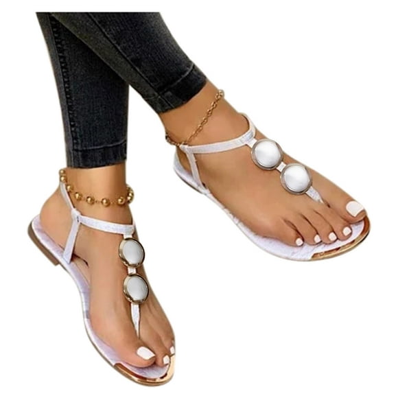 Women‘s Summer T-Strap Flat Sandals Slippers Buckle Open Toe Flat Heel Flip Flops Beach Shoes