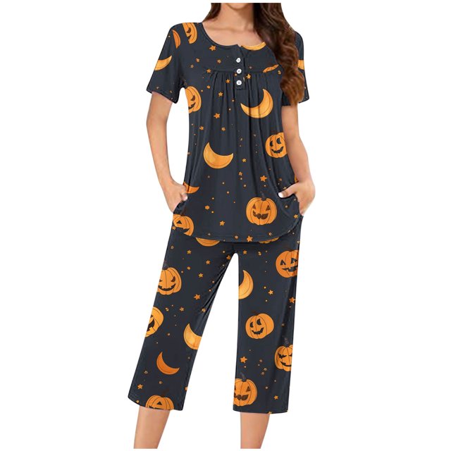 Jamicy Ensembles de Pyjamas pour Femmes Vêtements d'Intérieur pour Femmes Mode Décontractée Ample Imprimé Col Rond à Boutons Ensemble de Pyjama Capri Pyjamas d'Halloween