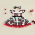 thumbnail image 2 of Plaid Square Neck Fly Sleeve Layered Dress with Belt+ Bowknot Headband, 2 of 9