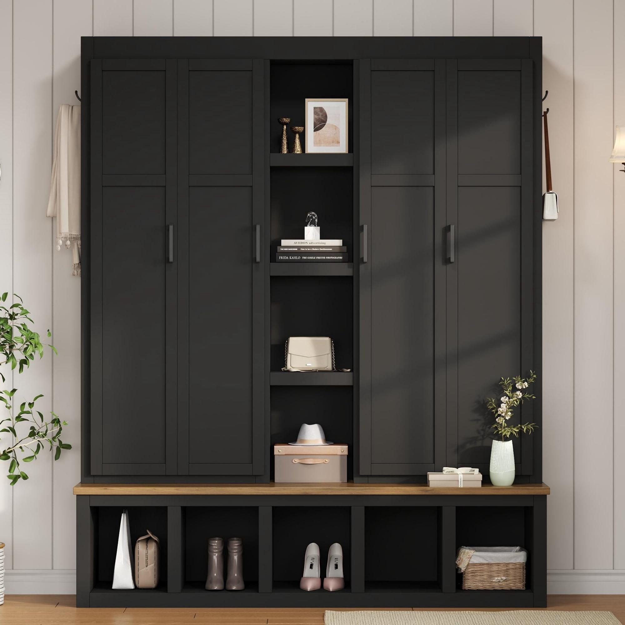 Noble House 62.9" Farmhouse Hall Tree with 6 Hooks,Wood Grain Bench & Shoe Cabinet for Entryway Living Room,Black