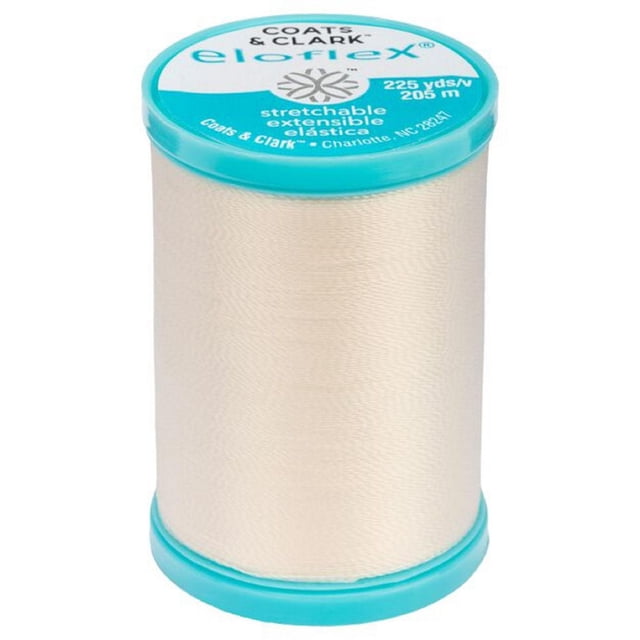 Coats & Clark Eloflex Stretch Thread Nugrey 225 yards spool with turquoise caps, made of 100% polybutylene terephthalate (PBT), ideal for stretchable seams in sewing and overlock machines, suitable for sportswear, swimwear, and knit fabrics.