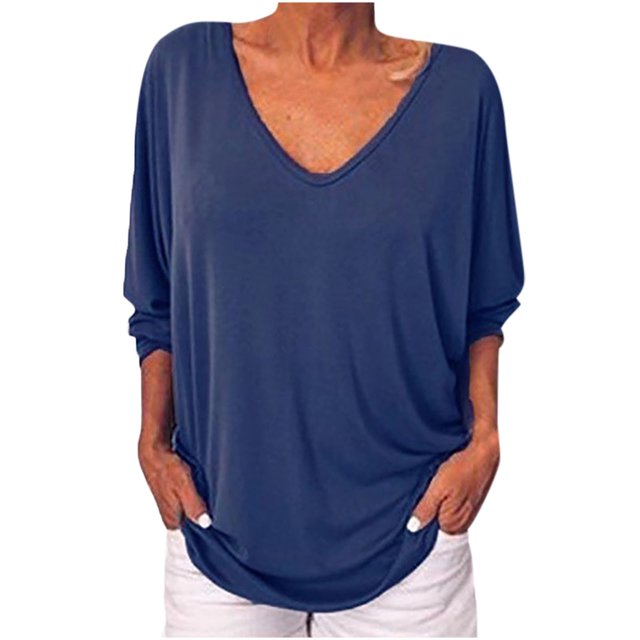 Pompotops Hauts d'Été Mode Femme Col en V Manches 3/4 Couleur Unie