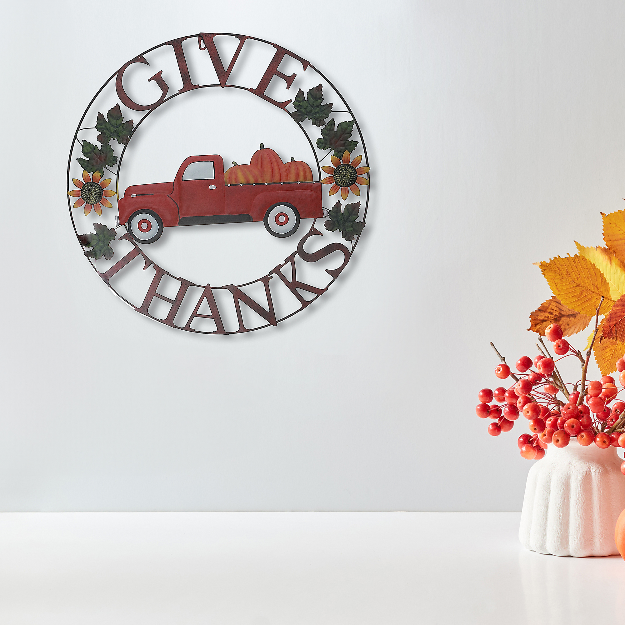 24" Metal Red Truck Wheel Décor (Give Thanks)