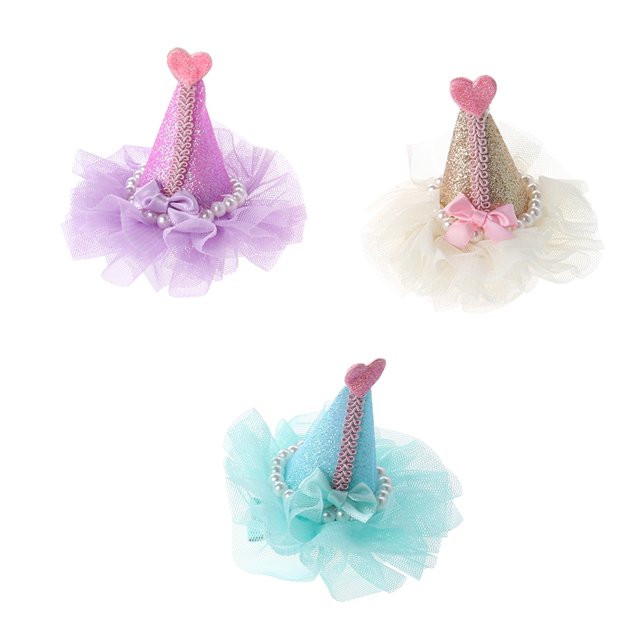 3pcs Adorable Chat Chien Fête d'Anniversaire Chapeau en Forme de Pinces à Cheveux (Violet, Vert et Or)