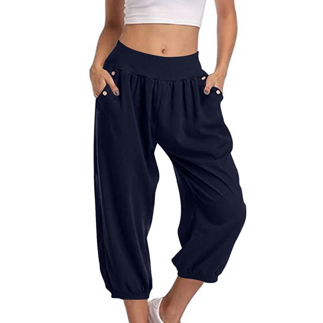 Timegard Womens Capri Pants Elastic High Waist Button Comfy Solid Color Casual Crop Pants with Pockets