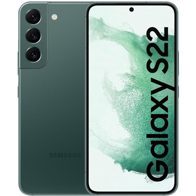 Refurbished Samsung Galaxy S22 5G smartphone in green, featuring a 6.1-inch Dynamic AMOLED 2X display with HDR10+ and 120Hz refresh rate. The phone has a triple rear camera setup with a 50MP main lens, 10MP telephoto lens with 3x optical zoom, and 12MP ultrawide lens, along with a 10MP front camera. It is fully unlocked, powered by the Snapdragon 8 Gen 1 processor, and includes 128GB storage and 8GB RAM. The device supports 5G connectivity, fast charging, wireless charging, and reverse wireless charging. Certified refurbished in excellent condition.