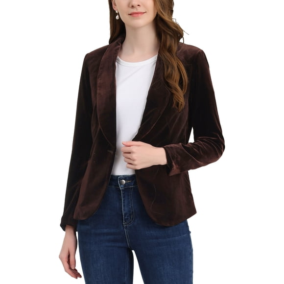 INSPIRE CHIC Women's Velvet Blazer Solid Color Shawl Collar One Button Wear-to-Work Suit Jacket L Deep Brown