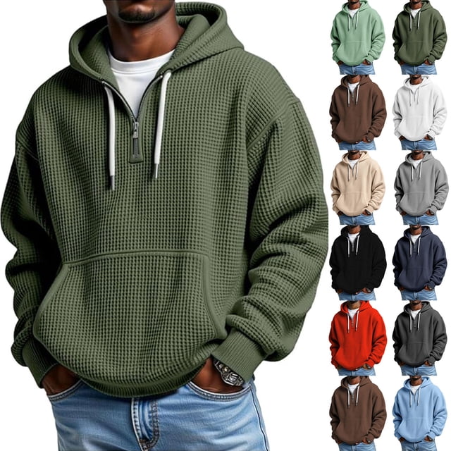 Yuyuzo Mens Hoodies Quarter Zip Drawstring Long Sleeve Shirts Casual Textured Loose Sweatshirts Pullover with Pockets