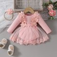 thumbnail image 2 of Besolor Baby Girl Outfit Toddler Ribbed Knit Long Sleeve Mesh Romper Dress with Bow Headband Fall Spring Clothes, 2 of 7