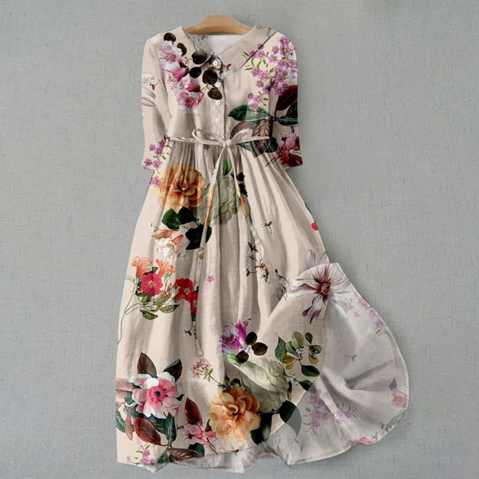 Fartey Robes Boho pour Femmes Midi Mode Imprimé Floral Manches 3/4 Robe Décontractée Été Respirante Fluide Coton Lin Robe de Plage Ample Confortable Col à Revers Taille à Cordon
