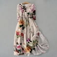 thumbnail image 2 of Pisexur Robes d'Été pour Femmes Mode Bohème à Imprimé Floral Robe Maxi Tunique Décontractée Taille Élastique Robe Soleil Col Rabattu Boutonnée Longue Robe Manches 3/4 Col en V Fluide Coton Lin Robe de Plage, 2 of 5