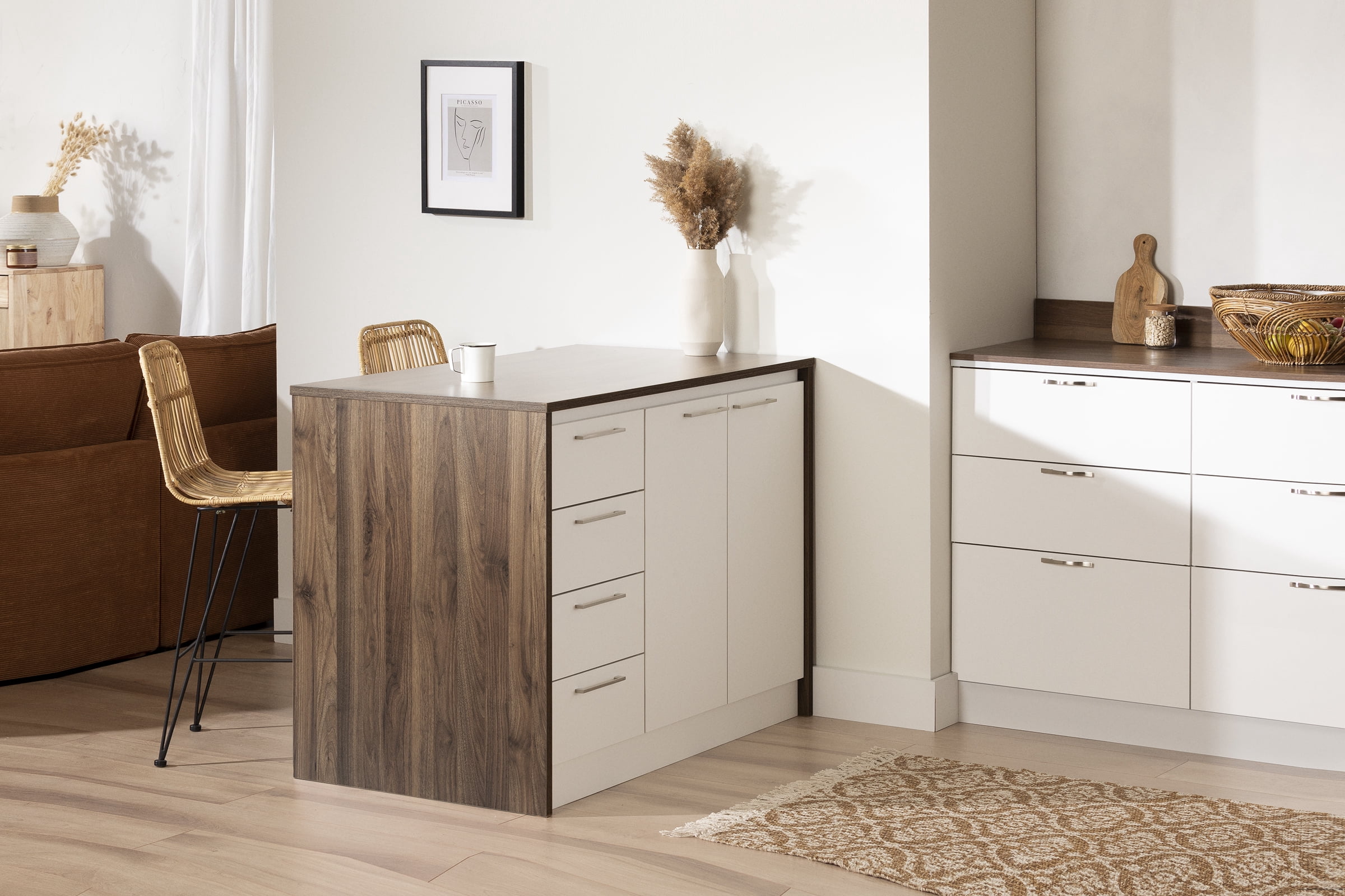 Îlot de cuisine avec rangement, fini Noyer naturel et Blanc, collection Myro de Meubles South Shore