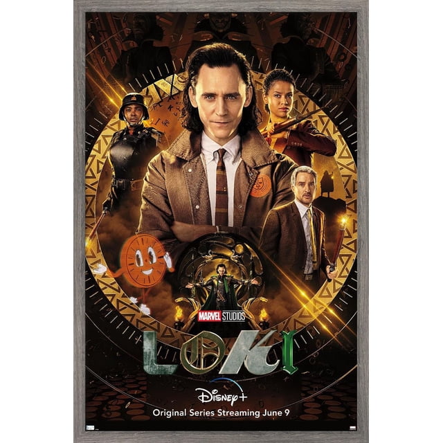 Marvel Loki - Affiche Murale d'Une Feuille, 14,725 Po x 22,375 Po Encadrée Représentant une Figurine Centrale avec une Veste Brune et une Cravate Rayée, les Bras Croisés, Entourée d'Autres Personnages et de Symboles Circulaires Dorés Mystiques, avec les logos Marvel Studios et Disney+ et un Texte Annonçant la Diffusion en Continu de la Série Originale le 9 Juin, Idéale pour la Déco de Chambre de fan Ou des collections à Thème.