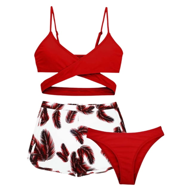 MIASHUI Maillots de Bain Filles Ensemble 3 Pcs Bikini d'Été avec Shorts, Rouge, 8-9 Ans