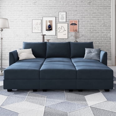 HONBAY Canapé Sectionnel Convertible Élégant en Velours avec Lit et Rangement, Bleu Marine