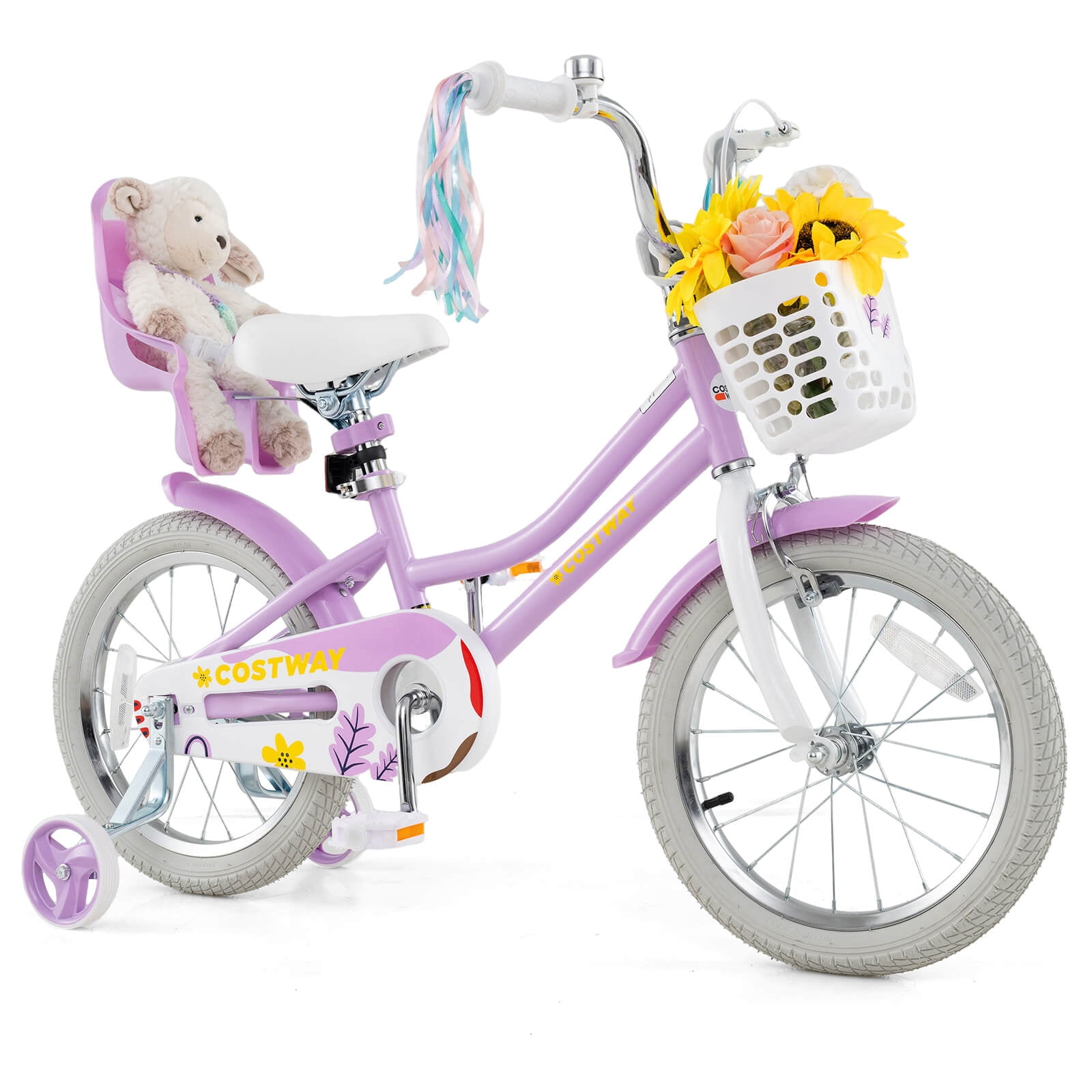 Costway 16 Inches Kids Bicycle with Basket Doll Seat Colorful Streamers Training Wheels Purple