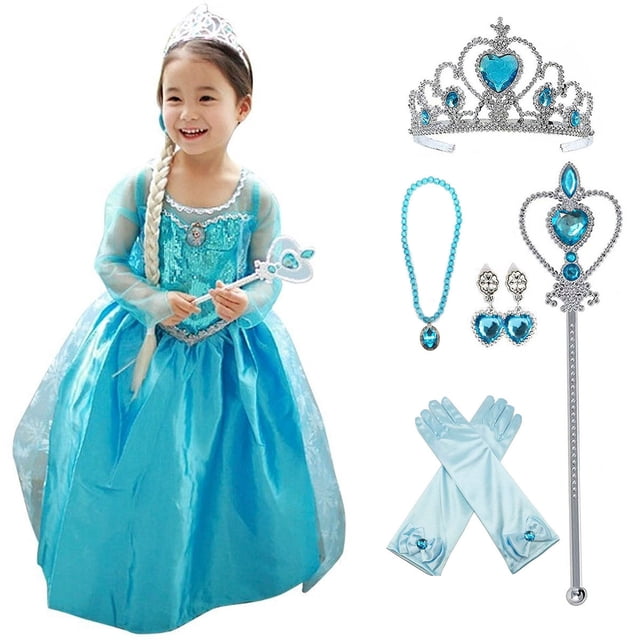 Robe de Costume de Fête de Reine des Neiges Inspirée de Princess pour Filles de 2 à 3 Ans, Conçue comme un Costume Elsa avec une Robe Bleue Vibrante à Manches Longues Transparentes, des Détails de Corsage Scintillants et une Jupe Fluide. Accessoires Incluant un Diadème Argenté avec des Pierres Précieuses Bleues, une Baguette Assortie, des Gants, un Collier et des Boucles d'Oreilles. Parfait pour les Fêtes à Thème Glacé Ou les Célébrations d'Halloween.