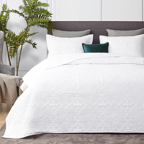 Hansleep White Quilt Twin Size - Baroque Ultrasonic All Season Bedspread Twin Soft Lightweight Coverlet Bedding Set 2 Pieces (1 Quilt 1 Pillow Sham)