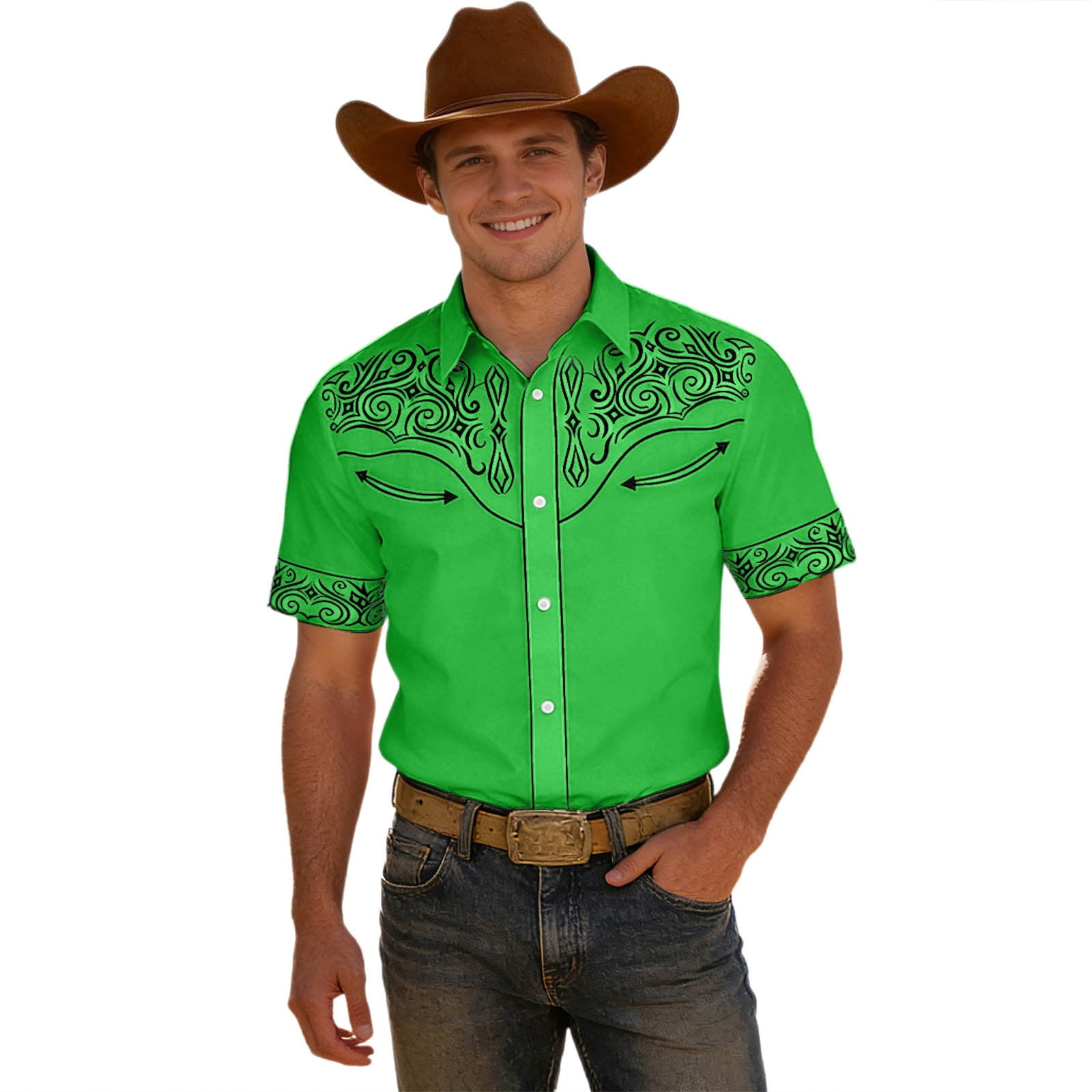 Men's Western Cowboy Print Short Sleeve Shirt for Everyday Casual