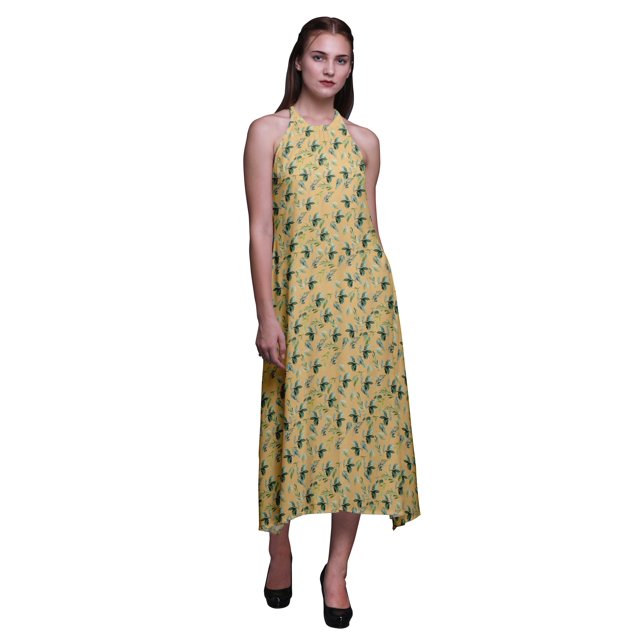 Bimba Robe Décontractée Longue Dos Nu à Col Licou pour Femmes, Robe de Plage Imprimée - Moyen