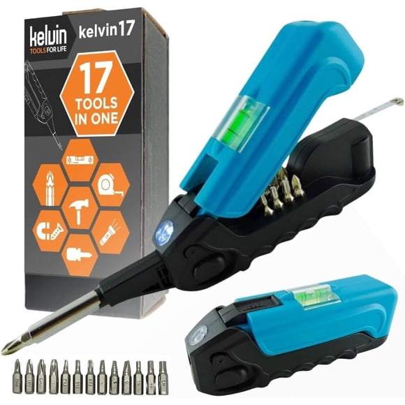 Kelvin Tools - Kelvin 17 Urban Screwdriver Set, All in One Everyday Multitool Screwdriver, Multi-Tip, Compact & Universal Precision, 13 Bit Set with Tape Measure, Liquid Level, Hammer and Flashlight