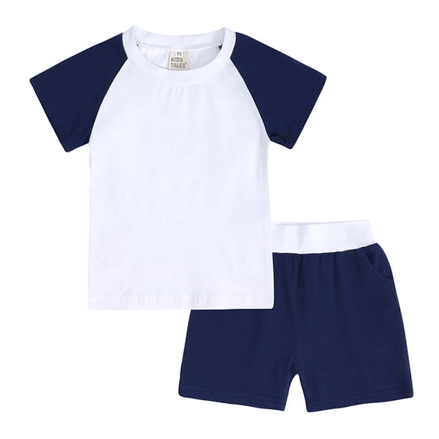 FAOWME Ensemble de Survêtement 2 Pcs pour Enfants Garçons Filles Été T-Shirt à Manches Courtes Col Rond avec Short Marine 2-3 Ans