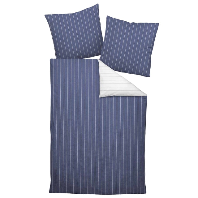 Janine Linge de Lit 2 Pcs - Mako-Doux-Seersucker, Coton, Rayé Bleu 135x200cm